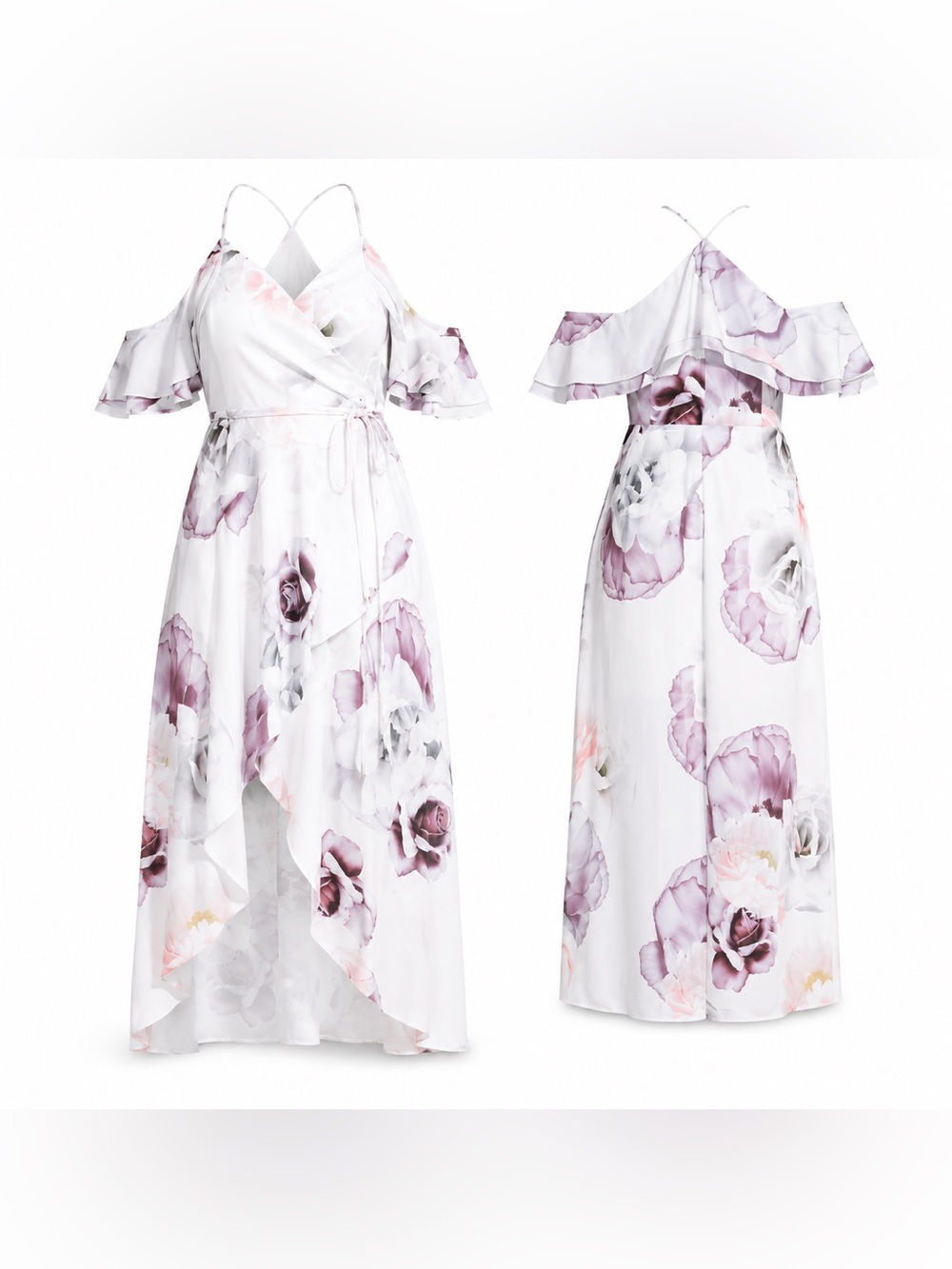 City Chic White Floral Cold-Shoulder Wrap Maxi Dress in Lilac
